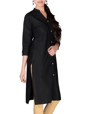 black cotton straight kurta solid with roll up sleeve - 13160575 - Standard Image - 2