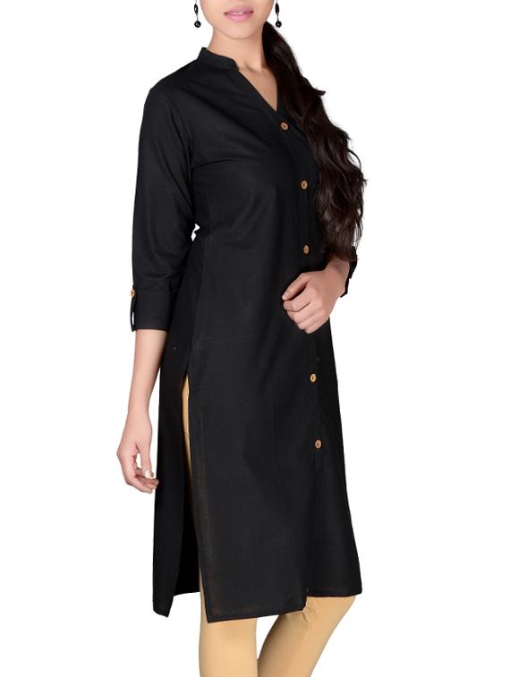 black cotton straight kurta solid with roll up sleeve - 13160575 - Zoom Image - 2