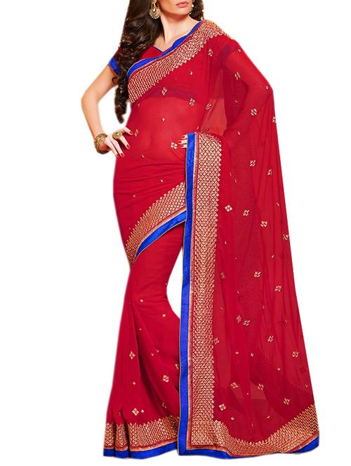 red chiffon embroidered saree with blouse - 13168485 - Very Small Image - 1