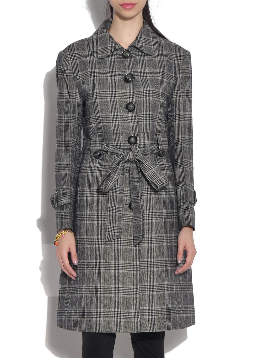 Grey Wool Blend Checkered Long Sleeves Long Coat - By