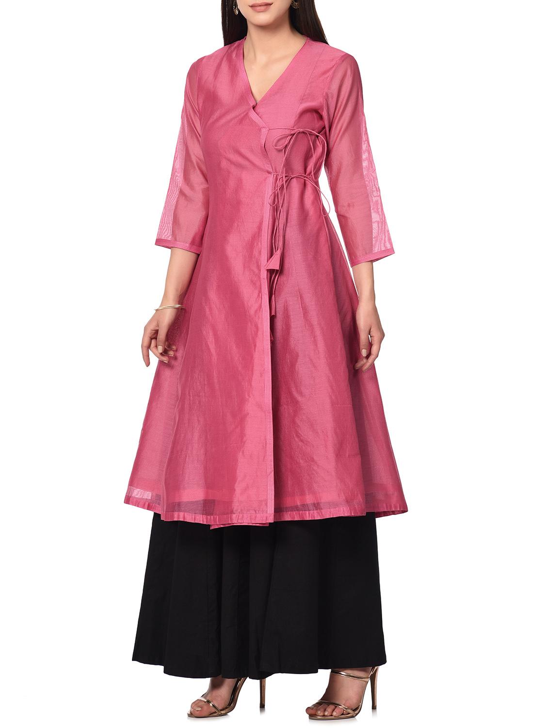 pink chanderi angrakha kurta - 13185695 - Zoom Image - 2