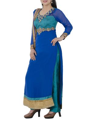 sky blue georgette straight pant suits stitched suit - 13196154 - Standard Image - 2