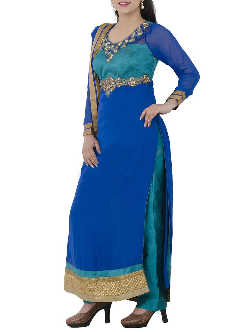 sky blue georgette straight pant suits stitched suit - 13196154 - Zoom Image - 2