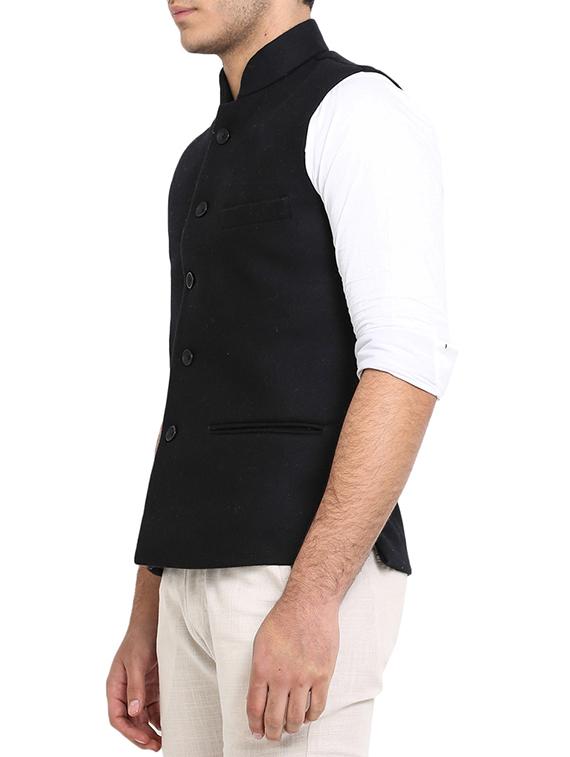 solid black cotton nehru jacket - 13206953 - Zoom Image - 2