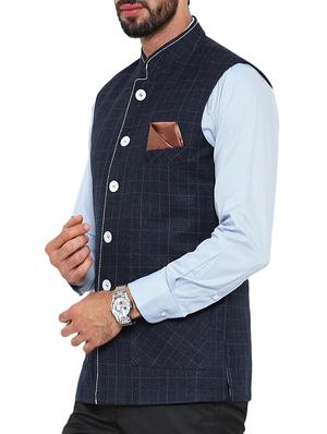 navy blue cotton nehru jacket - 13207000 - Standard Image - 2