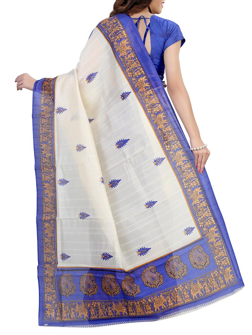 cream & blue art silk printed bhagalpuri saree with blouse - 13230151 - Zoom Image - 2