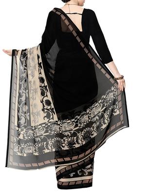 black georgette printed saree with blouse - 13262831 - Standard Image - 2