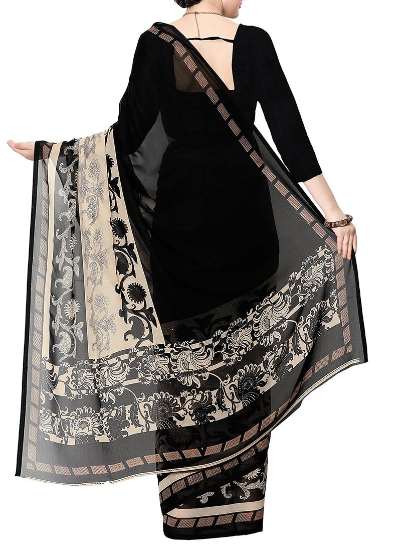 black georgette printed saree with blouse - 13262831 - Zoom Image - 2