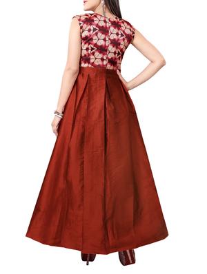 maroon printed silk blend gown dress - 13277148 - Standard Image - 2