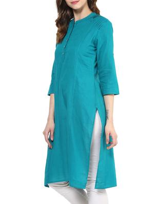 blue cotton blend straight solid kurta - 13290287 - Standard Image - 2