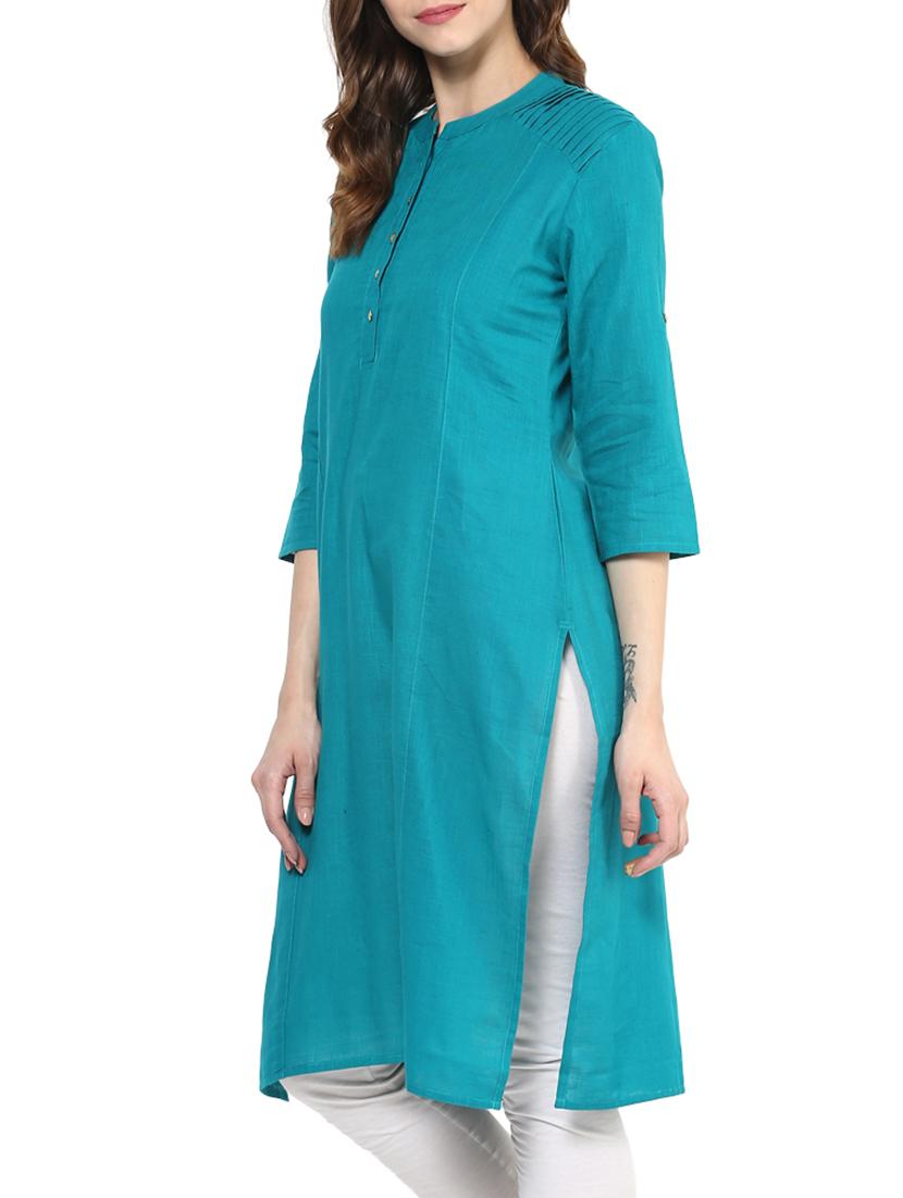 blue cotton blend straight solid kurta - 13290287 - Zoom Image - 2