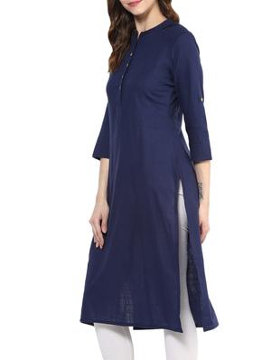 blue cotton blend straight solid kurta - 13290288 - Standard Image - 2