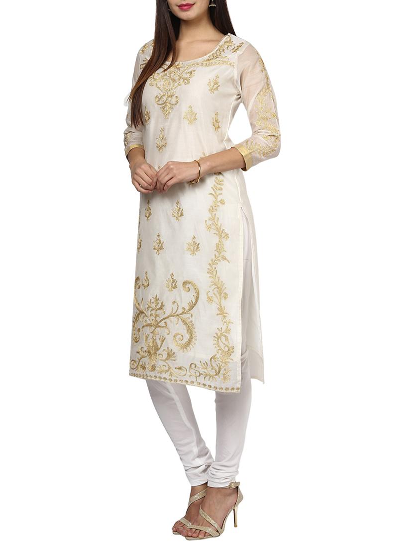 white cotton embroidered kurta bottom set - 13296927 - Zoom Image - 2