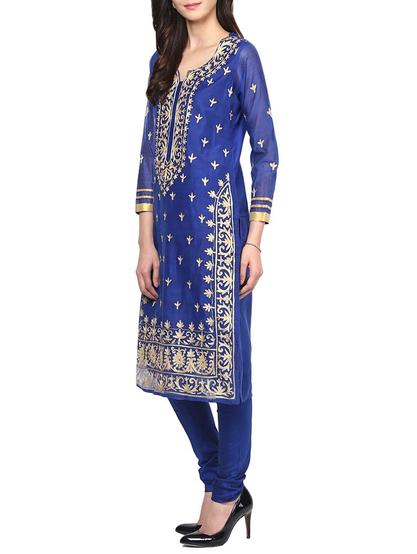 blue chanderi embroidered stitched churidaar suit - 13296928 - Zoom Image - 2