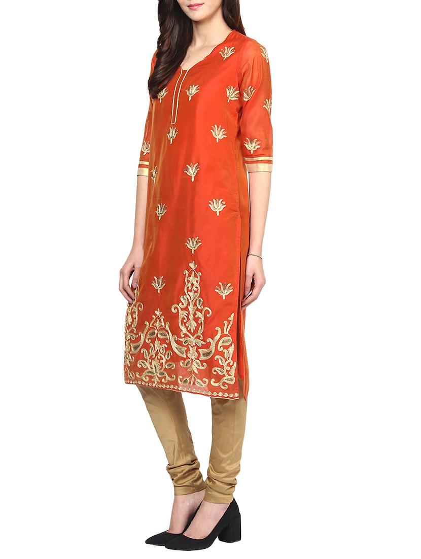 orange chanderi embroidered stitched churidaar suit - 13296929 - Zoom Image - 2