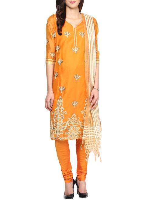 orange chanderi embroidered stitched churidaar suit - 13296937 - Standard Image - 1