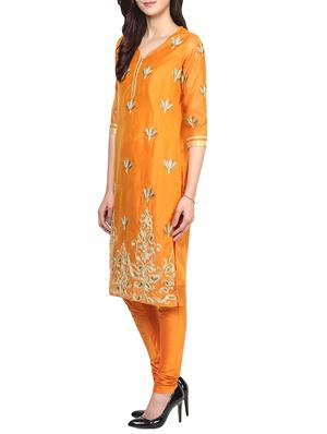 orange chanderi embroidered stitched churidaar suit - 13296937 - Standard Image - 2