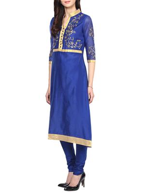 blue chanderi embroidered stitched churidaar suit - 13296938 - Standard Image - 2