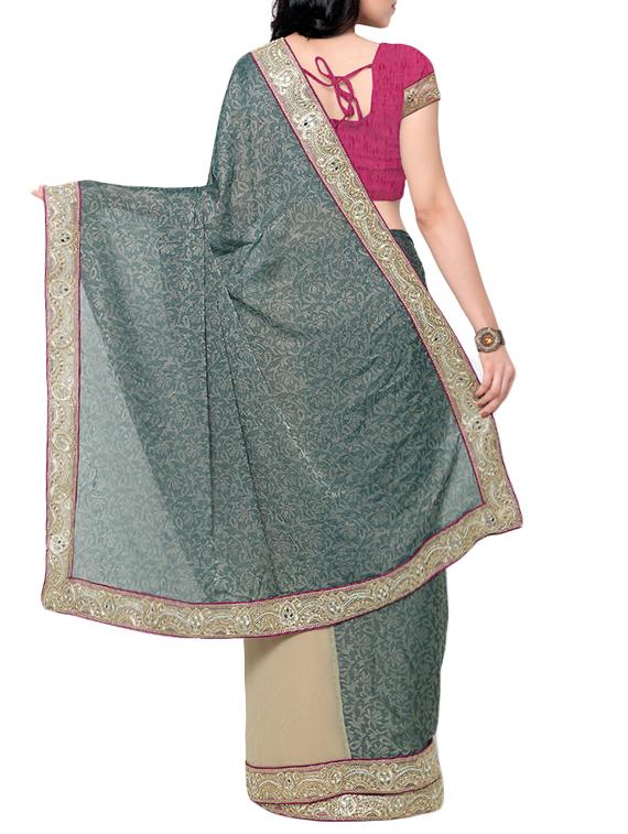 green & beige georgette embellished half and half saree with blouse - 13301501 - Zoom Image - 2