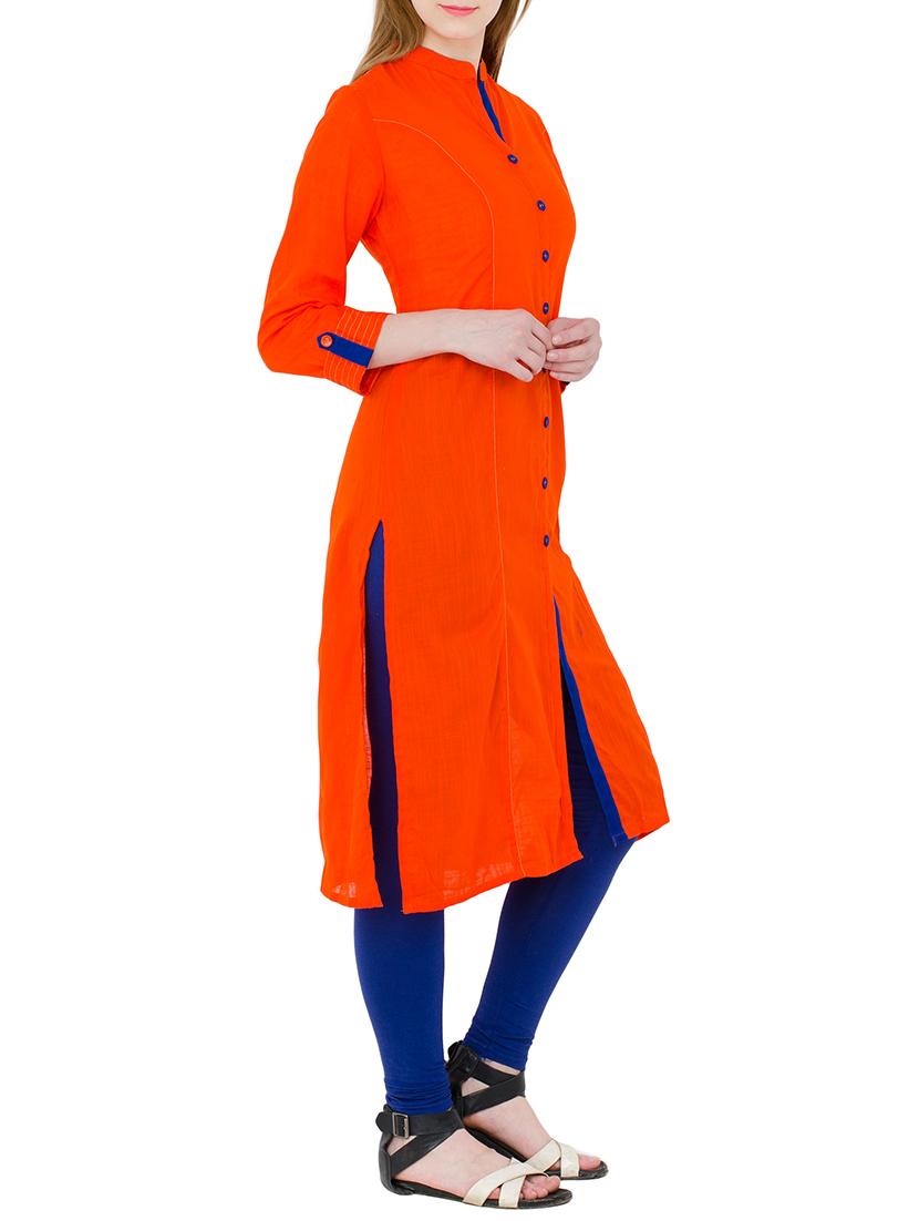 red cotton straight kurta - 13301872 - Zoom Image - 2