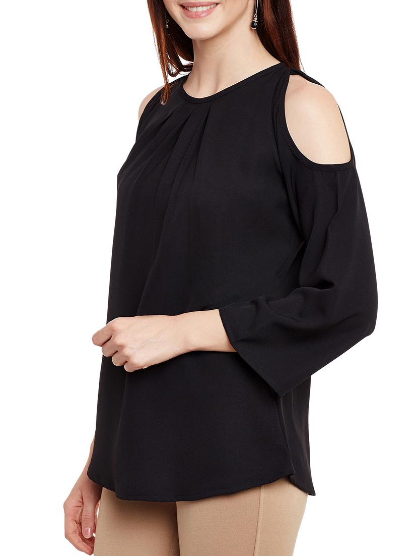 pleated neck cold shoulder top - 13331416 - Zoom Image - 2