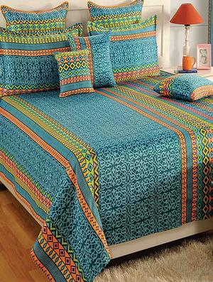 saavra turquoise colour cotton double bed sheet with 2 pillow covers - 13336801 - Standard Image - 2