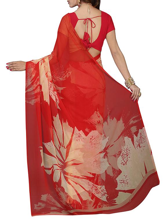 red georgette printed saree with blouse - 13343464 - Zoom Image - 2