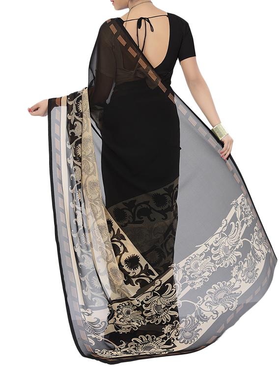 black georgette printed saree with blouse - 13343479 - Zoom Image - 2