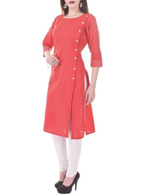 peach cotton straight solid kurta - 13343966 - Standard Image - 2