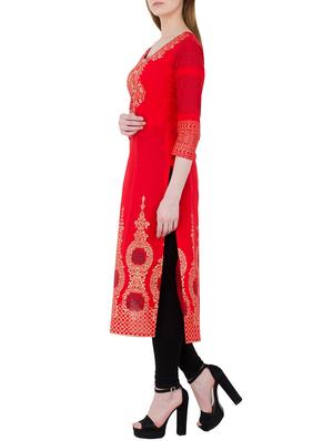 red cotton straight kurta - 13345683 - Standard Image - 2