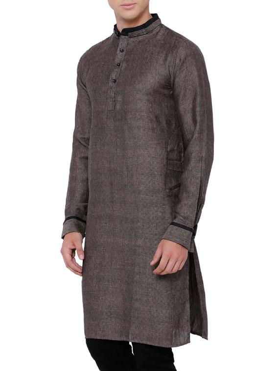 solid charcoal grey cotton kurta - 13352130 - Zoom Image - 2
