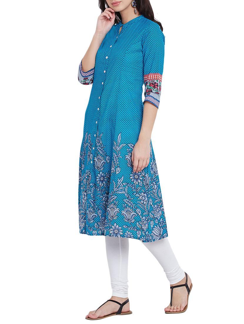 blue cotton aline kurta - 13357844 - Zoom Image - 2