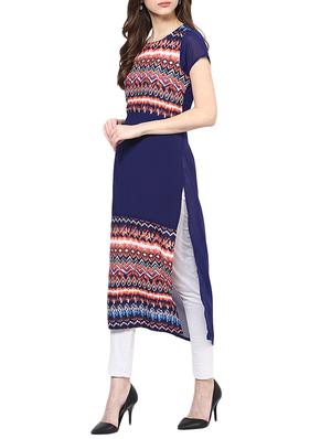 blue poly crepe printed straight kurta - 13358918 - Standard Image - 2