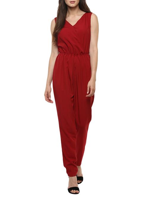 solid red crepe full leg jumpsuit - 13359105 - Standard Image - 1