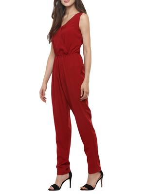 solid red crepe full leg jumpsuit - 13359105 - Standard Image - 2