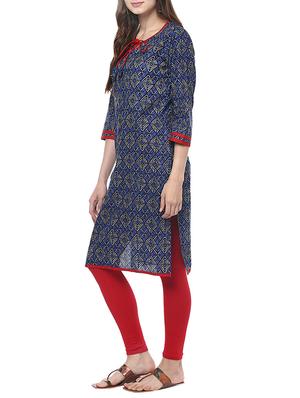 blue cotton straight kurta - 13367121 - Standard Image - 2