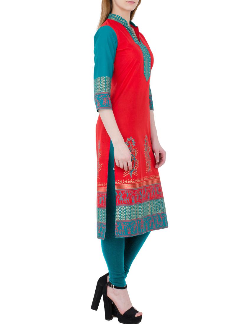 red and blue cotton straight kurta - 13371898 - Zoom Image - 2