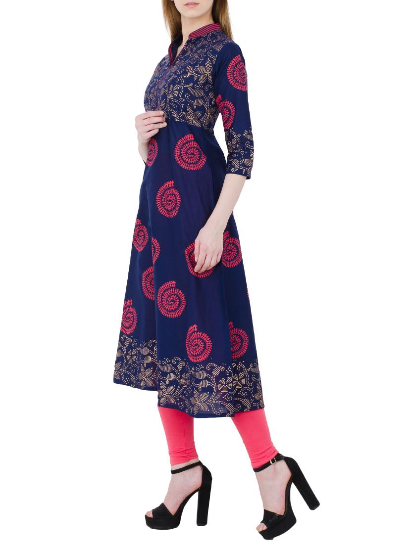 midnight blue cotton block printed flared kurta - 13371900 - Zoom Image - 2