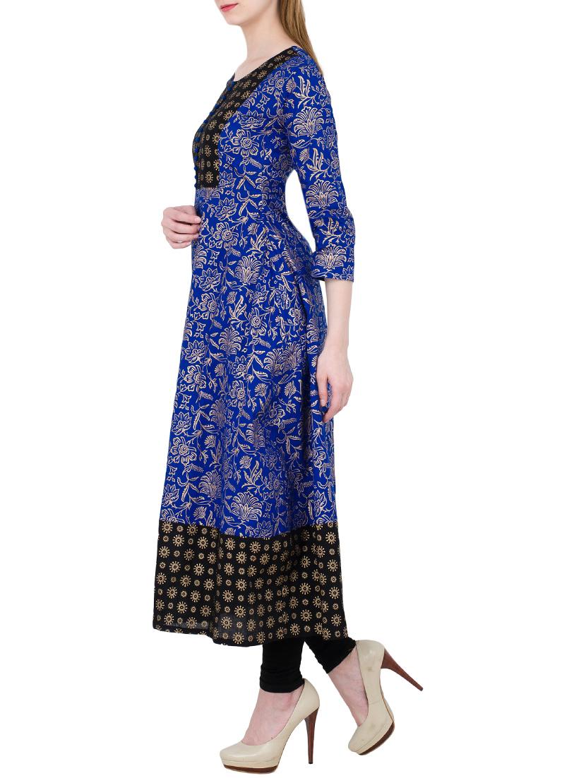 blue cotton flared kurta - 13371909 - Zoom Image - 2
