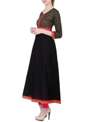 black cotton block printed flared kurta - 13371910 - Standard Image - 2