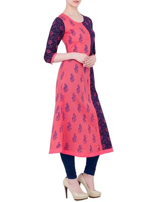pink and blue cotton block printed a-line kurta - 13371912 - Standard Image - 2