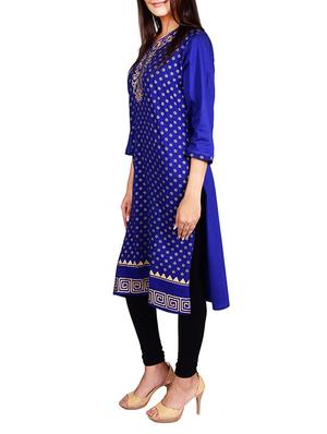 blue cotton blend printed straight kurta - 13377079 - Standard Image - 2