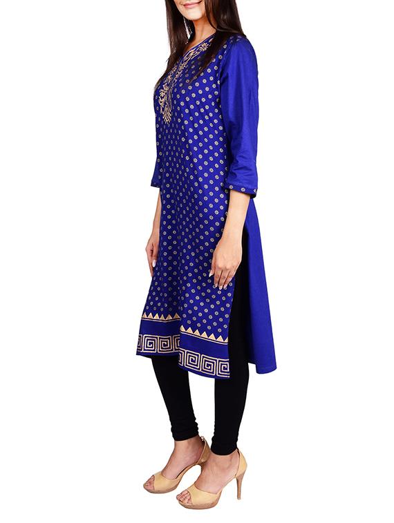 blue cotton blend printed straight kurta - 13377079 - Zoom Image - 2