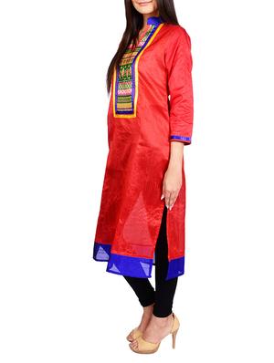 red dupion printed straight kurta - 13377115 - Standard Image - 2