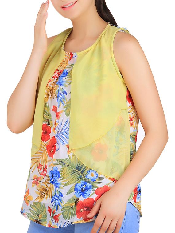 yellow floral printed poly georgette regular top - 13384724 - Zoom Image - 2