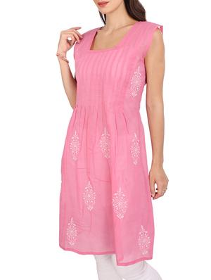 pink cotton chikankari work a-line kurta - 13387891 - Standard Image - 2
