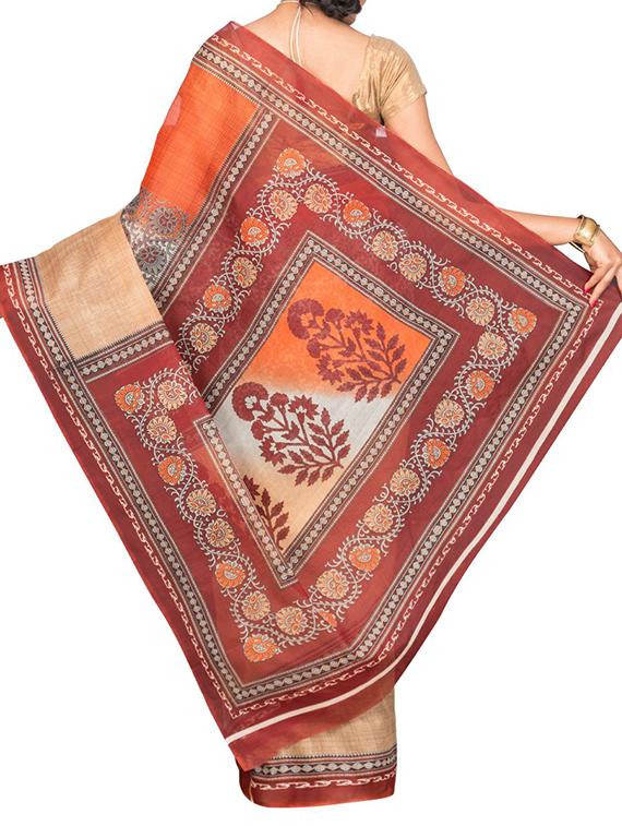 orange cotton blend printed saree with blouse - 13408711 - Zoom Image - 2