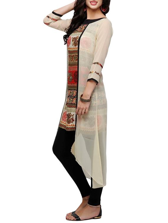 beige georgette printed high-low kurta - 13410512 - Zoom Image - 2