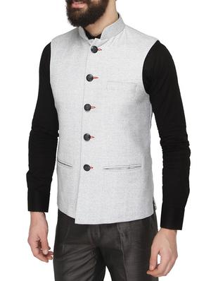 solid grey terry rayon nehru jacket - 13411582 - Standard Image - 2