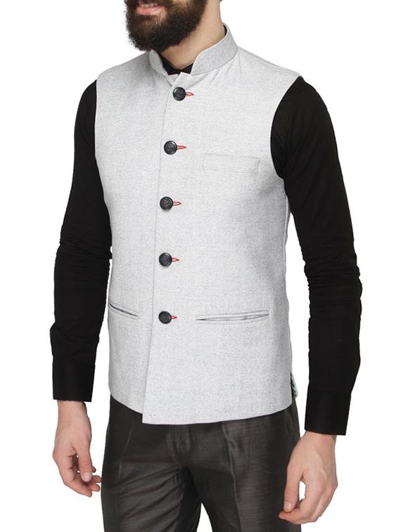solid grey terry rayon nehru jacket - 13411582 - Zoom Image - 2